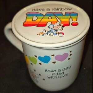 Vintage Ceramic Mug With Lid "Have A Rainbow Day!" Heart & Rainbow Graphics
